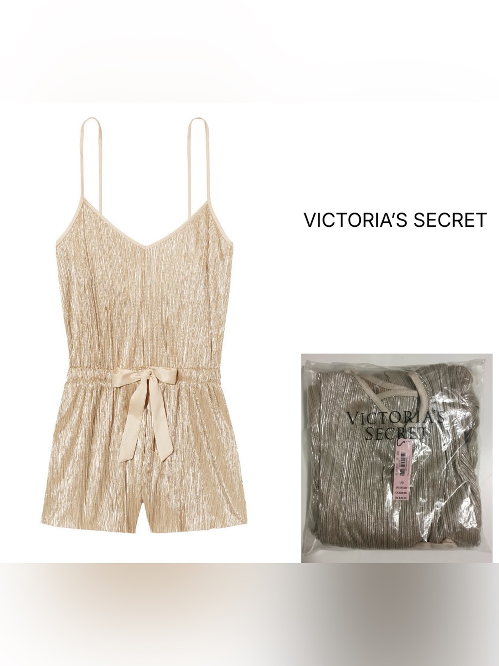 VICTORIA’S SECRET - M/L - NWT - GOLD METALLIC SHINE PLEAT SLEEP ROMPER / SLIP